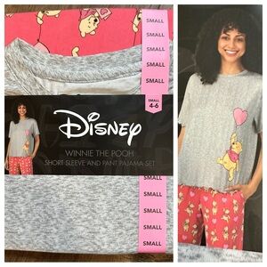 NEW! Disney Winnie the Pooh, Adult Pajama Set, Tee and Pants, Gray and Pink, S
